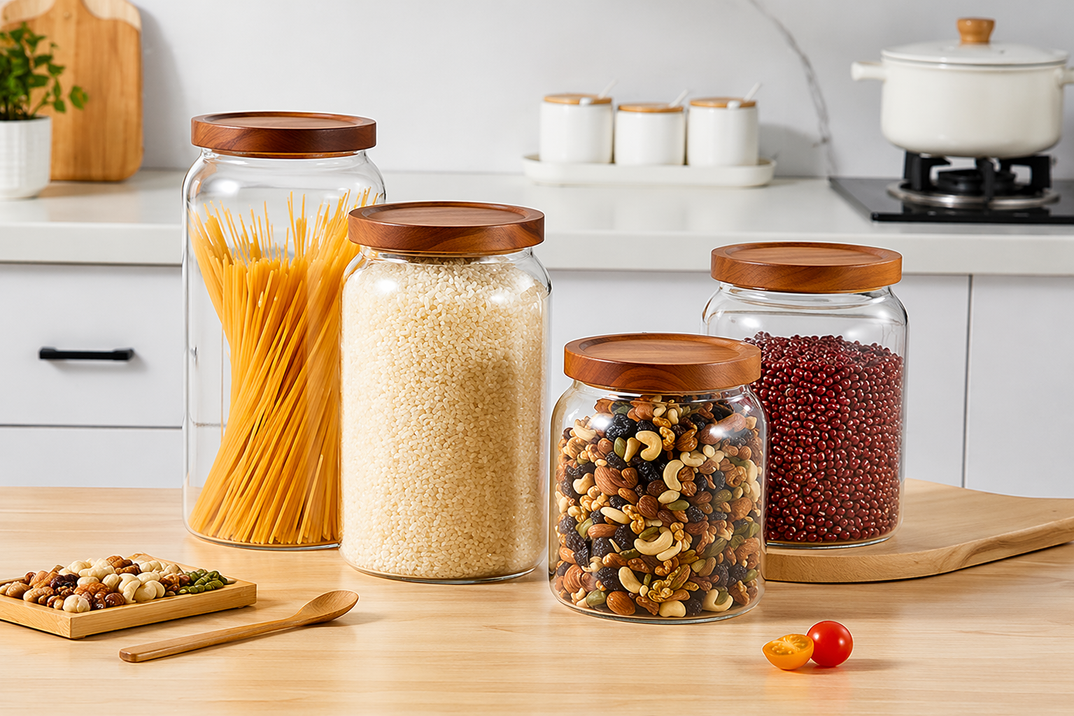 Frutas, nozes e grãos na bancada