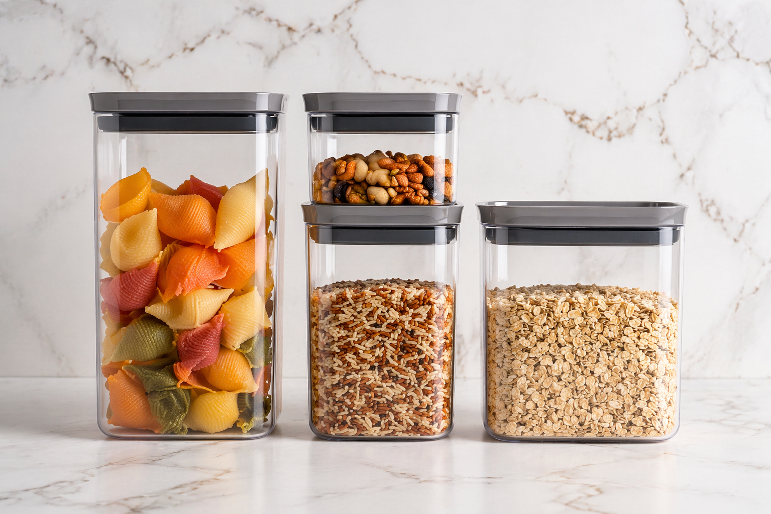 Itens organizados em bancada de mármore